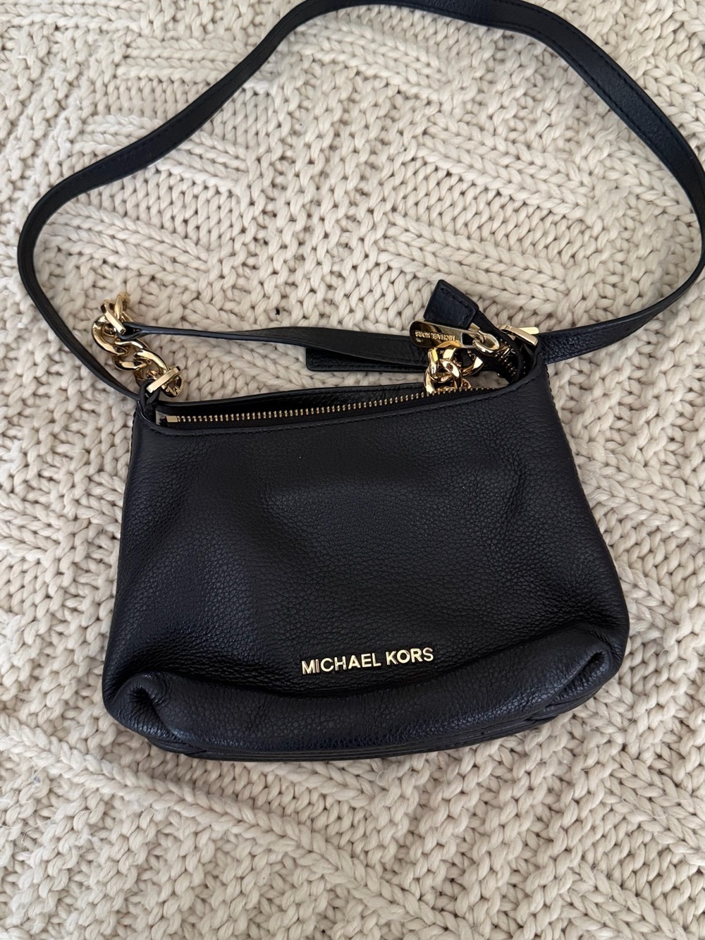 Michael Kors Black Pebbled Leather Crossbody with Gold Chain Accents